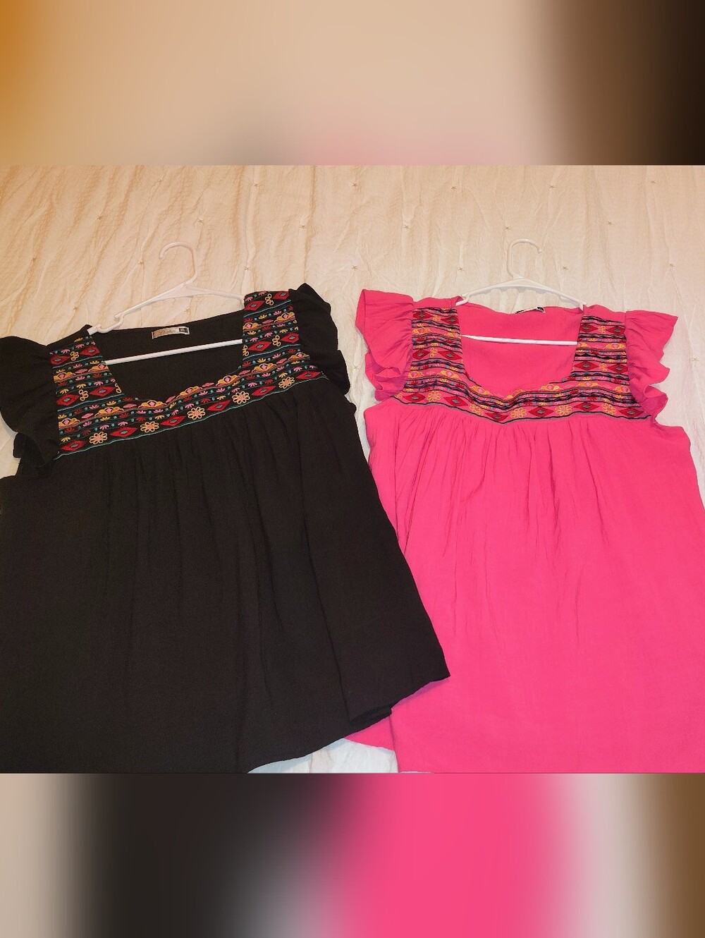 2 Adorable Embroidered Square-Neck Blouses - Black and Hot Pink